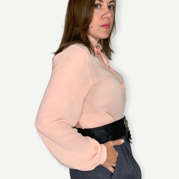 Vintage 70’s Kay Kerr Ruffled Sheer Pink Tie Neck Long Sleeve Shirt Fits Size M - Picture 6 of 10